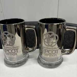 Set 2 Vintage EPCOT Center Disney World Mugs Chrome Mirror Logo Glitter Clean